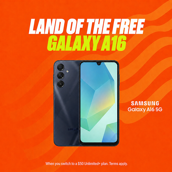 On an orange background offering a free dark blue Samsung Galaxy A16 5G smartphone with the bold text "Land of the Free Galaxy A16" when switching to a $50 Unlimited+ plan